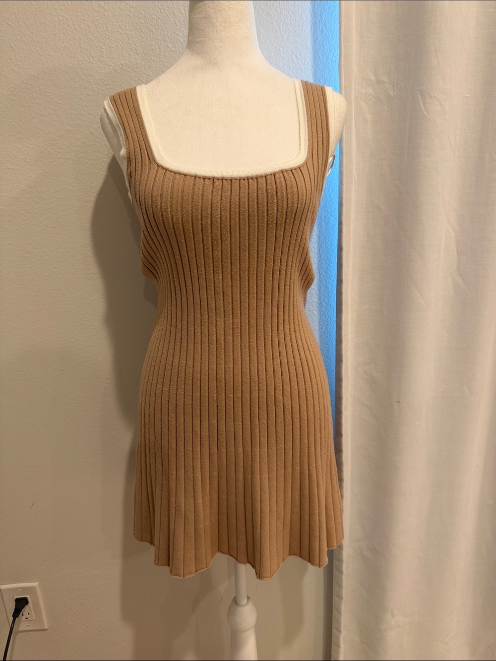 Vici Camel Ribbed Knit Square-Neck Dress